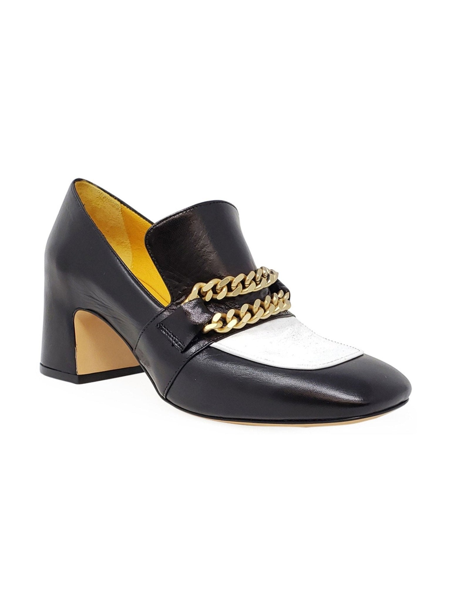 Black & White Leather Mid Heel Loafer with Chain Detail - Courbe et Compagnie