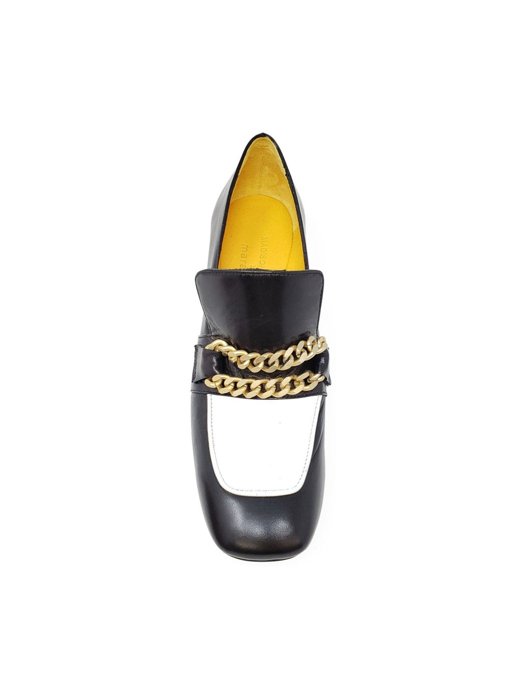 Black & White Leather Mid Heel Loafer with Chain Detail - Courbe et Compagnie