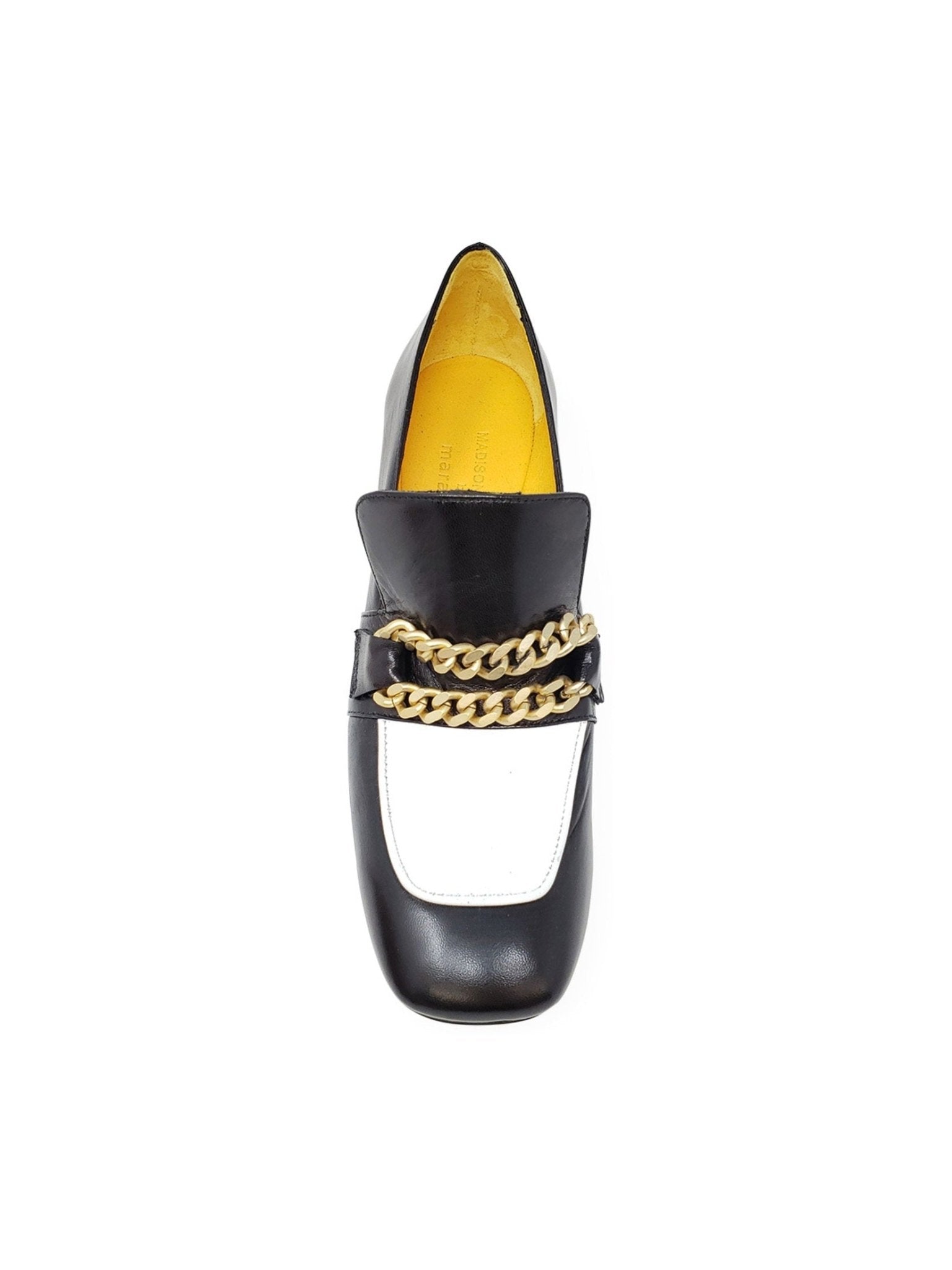 Black & White Leather Mid Heel Loafer with Chain Detail - Courbe et Compagnie