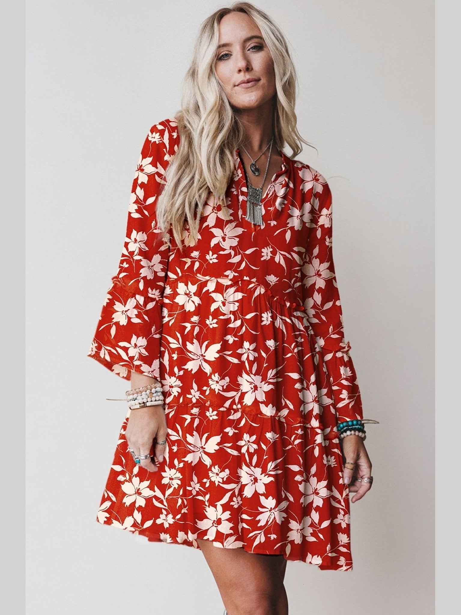 Blue Boho Floral Print Lettuce Trim 3/4 Sleeve Mini Dress - Courbe et Compagnie