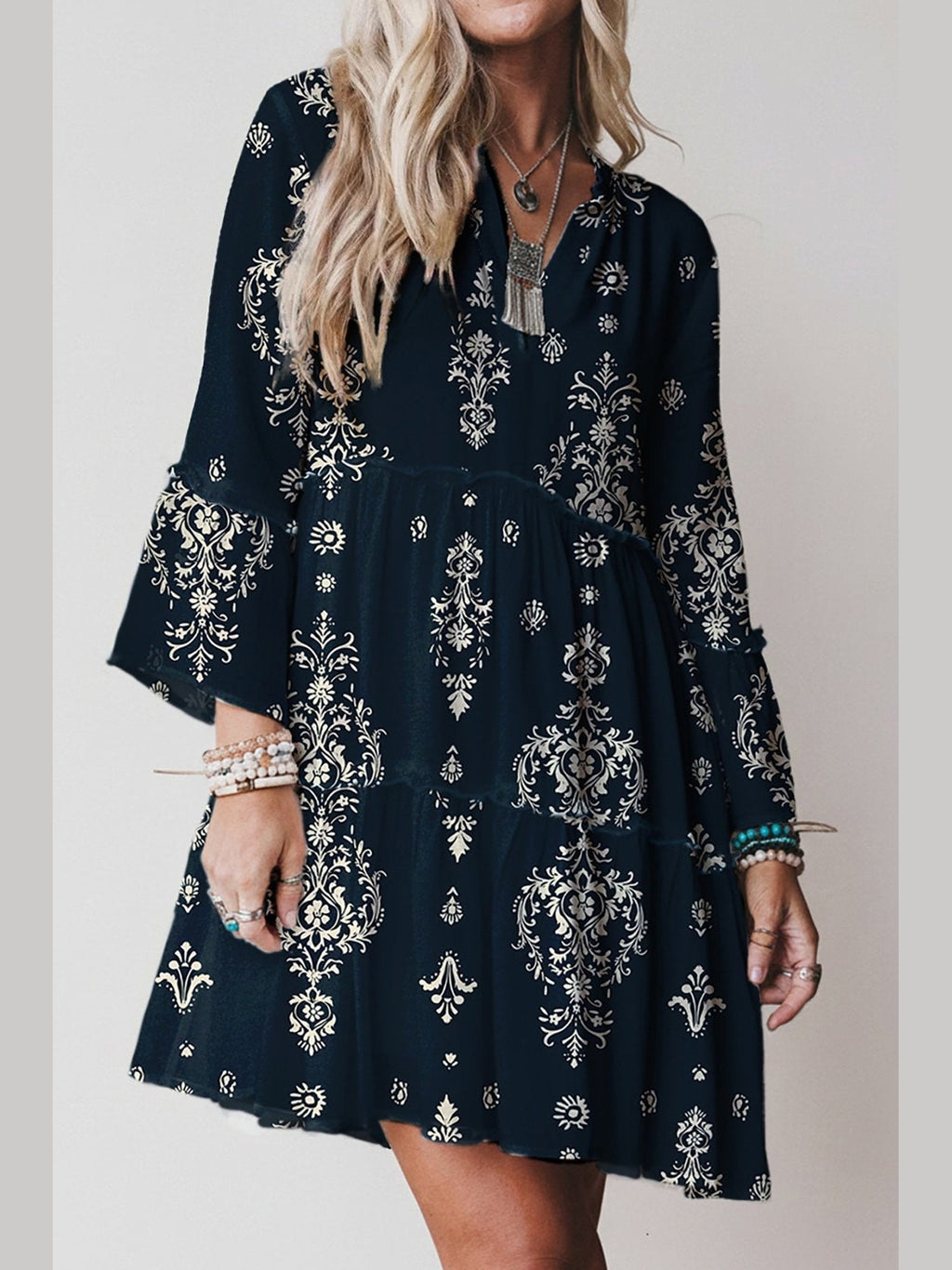 Blue Boho Floral Print Lettuce Trim 3/4 Sleeve Mini Dress - Courbe et Compagnie