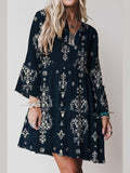 Blue Boho Floral Print Lettuce Trim 3/4 Sleeve Mini Dress - Courbe et Compagnie