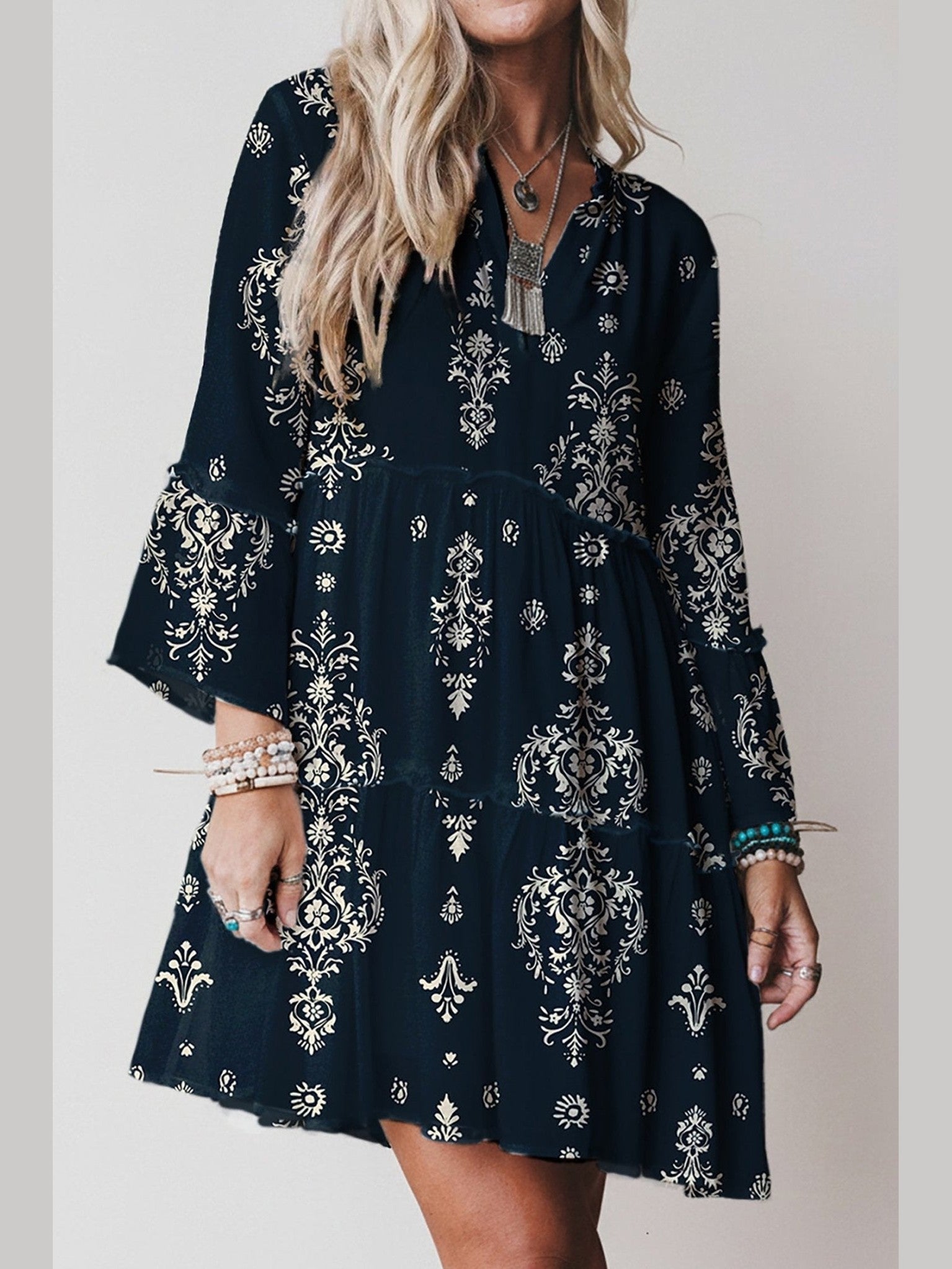 Blue Boho Floral Print Lettuce Trim 3/4 Sleeve Mini Dress - Courbe et Compagnie