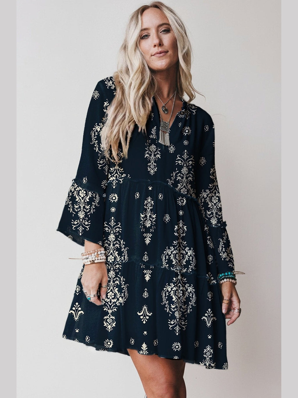 Blue Boho Floral Print Lettuce Trim 3/4 Sleeve Mini Dress - Courbe et Compagnie