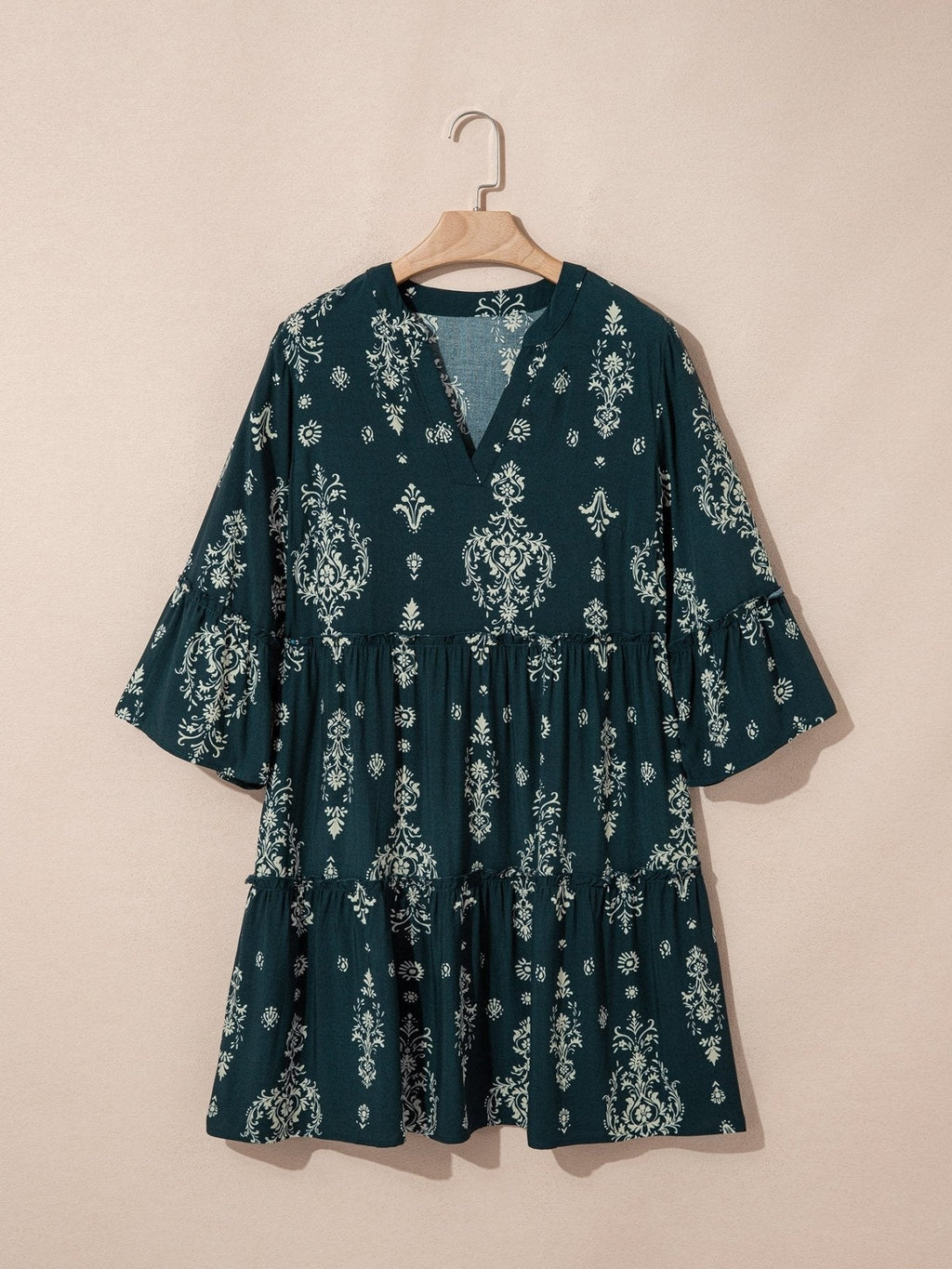 Blue Boho Floral Print Lettuce Trim 3/4 Sleeve Mini Dress - Courbe et Compagnie