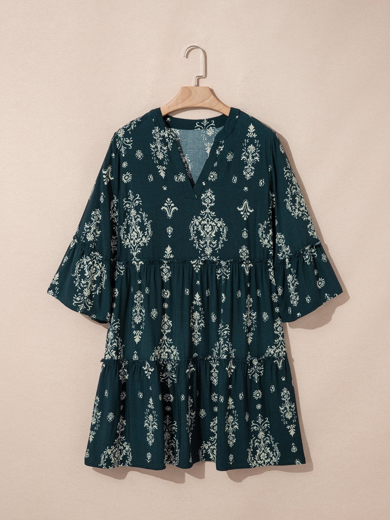 Blue Boho Floral Print Lettuce Trim 3/4 Sleeve Mini Dress - Courbe et Compagnie
