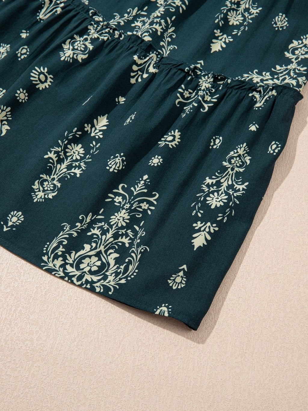 Blue Boho Floral Print Lettuce Trim 3/4 Sleeve Mini Dress - Courbe et Compagnie