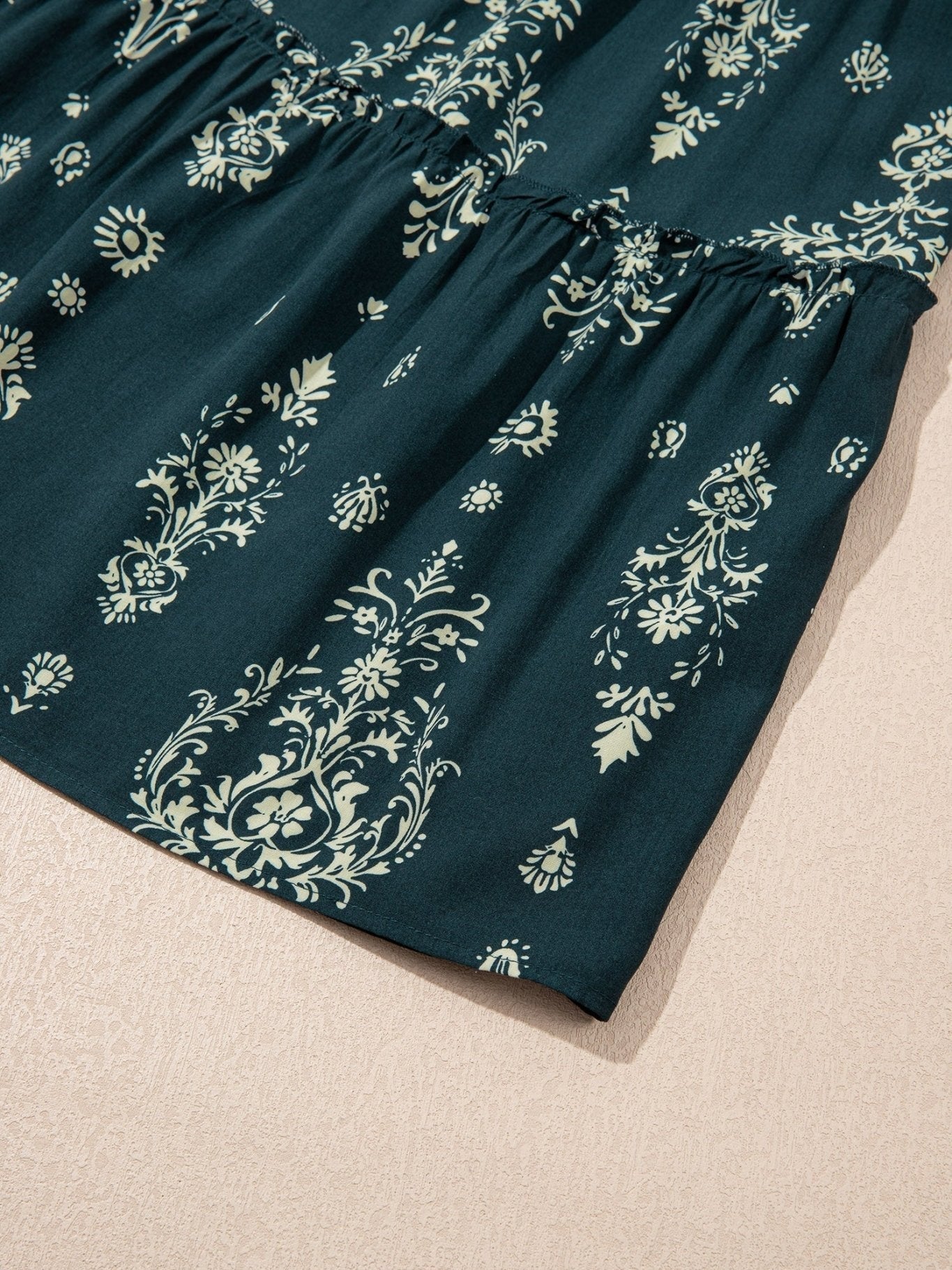 Blue Boho Floral Print Lettuce Trim 3/4 Sleeve Mini Dress - Courbe et Compagnie