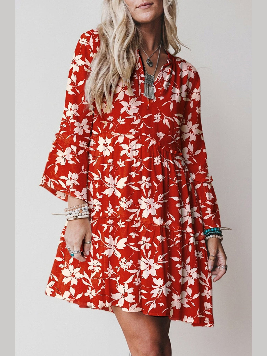 Blue Boho Floral Print Lettuce Trim 3/4 Sleeve Mini Dress - Courbe et Compagnie