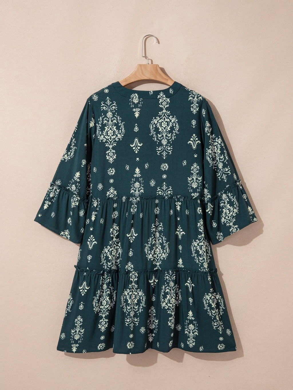Blue Boho Floral Print Lettuce Trim 3/4 Sleeve Mini Dress - Courbe et Compagnie
