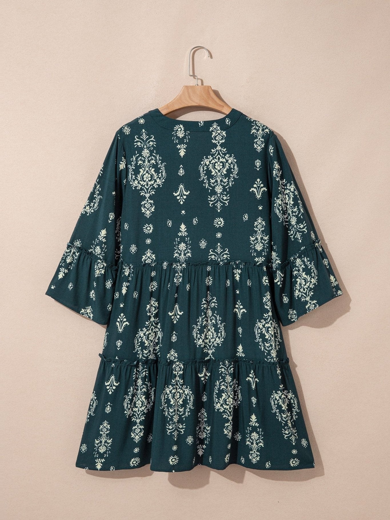 Blue Boho Floral Print Lettuce Trim 3/4 Sleeve Mini Dress - Courbe et Compagnie