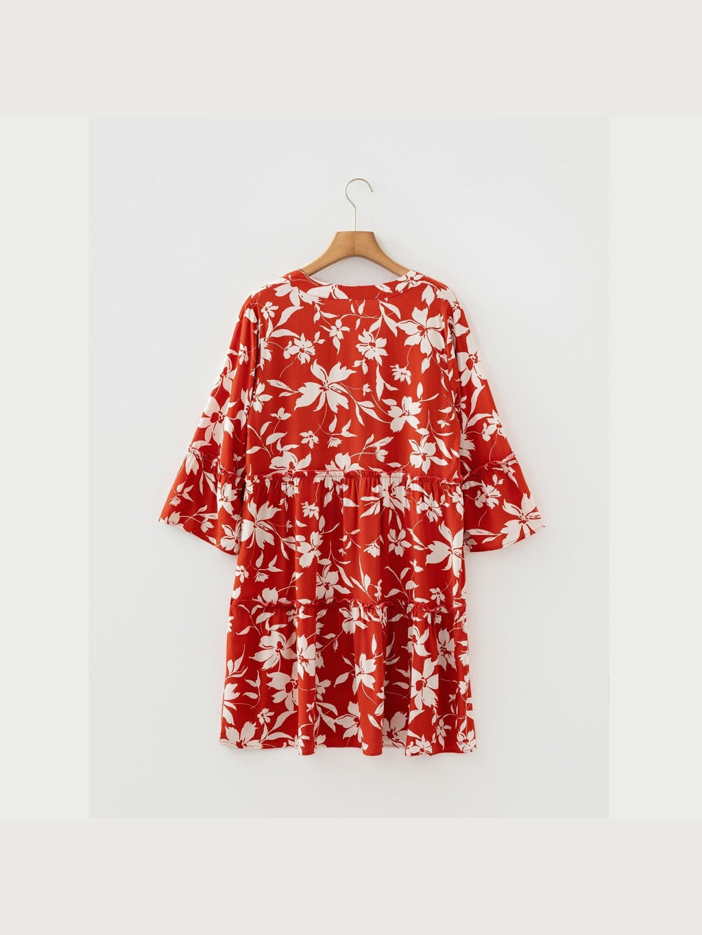 Blue Boho Floral Print Lettuce Trim 3/4 Sleeve Mini Dress - Courbe et Compagnie
