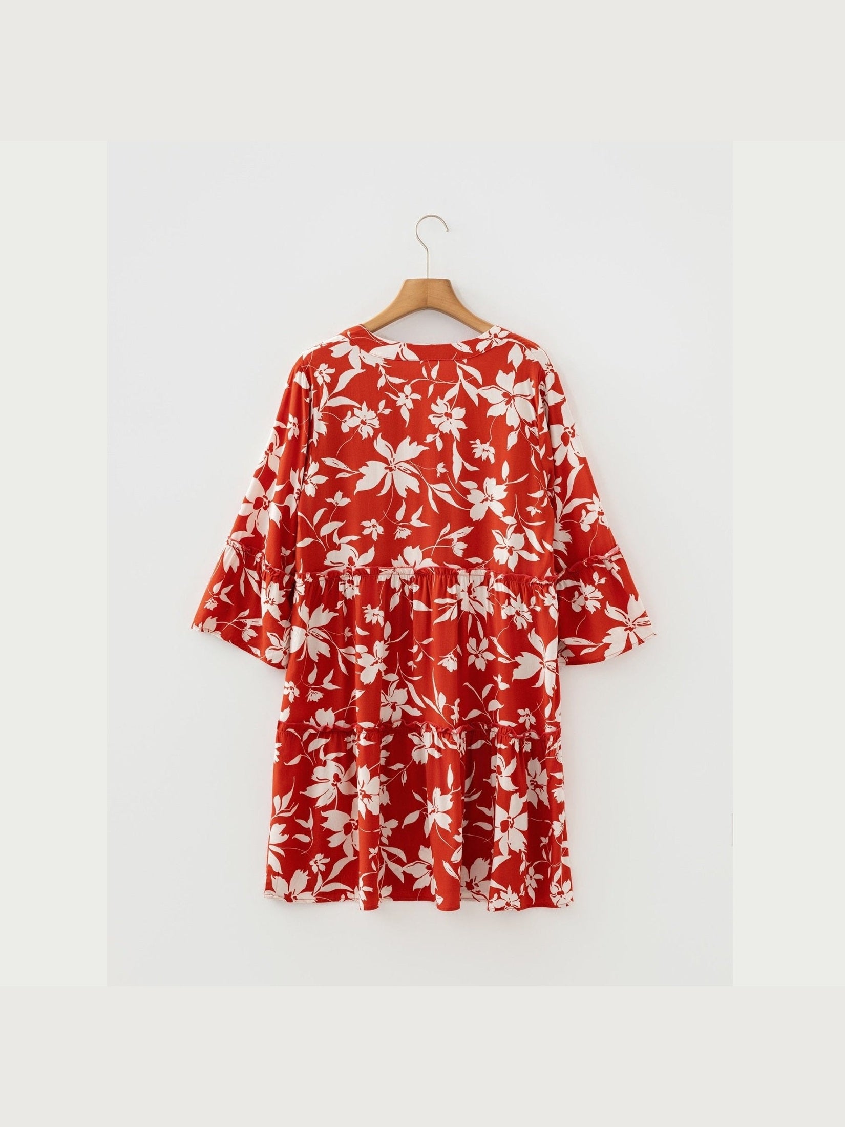 Blue Boho Floral Print Lettuce Trim 3/4 Sleeve Mini Dress - Courbe et Compagnie