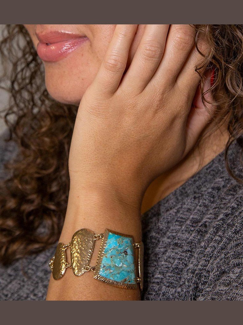 Blue Turquoise Jeweled Statement Link Golden Bracelet - Courbe et Compagnie