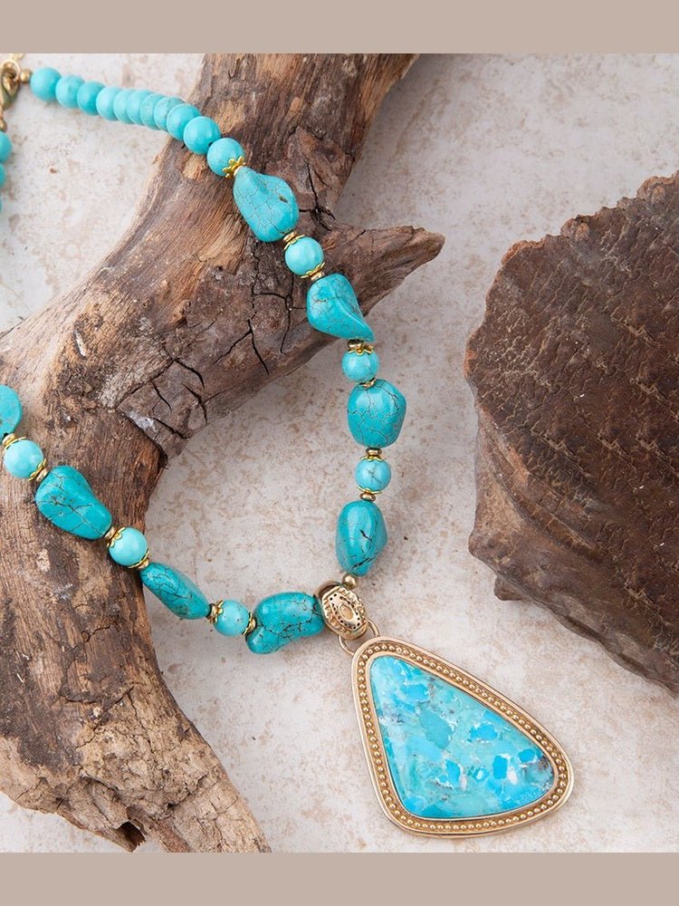 Blue Turquoise Triangle Golden Pendant Necklace - Courbe et Compagnie