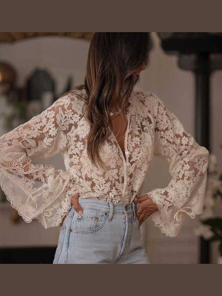 Boho Lace Embroidered V-Neck Blouse - Courbe et Compagnie