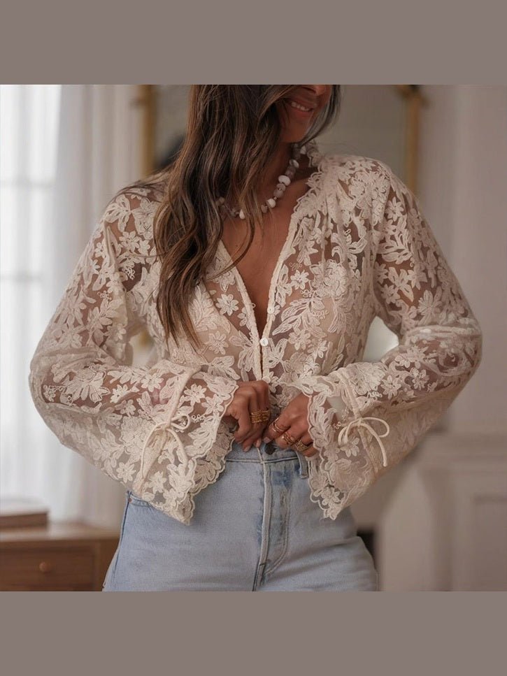 Boho Lace Embroidered V-Neck Blouse - Courbe et Compagnie