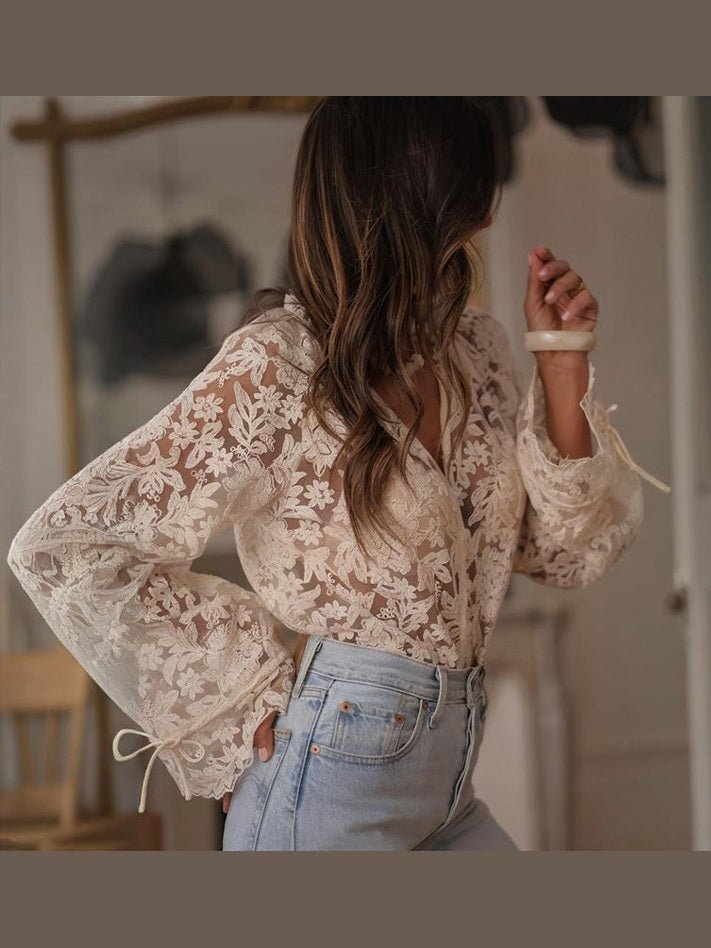 Boho Lace Embroidered V-Neck Blouse - Courbe et Compagnie