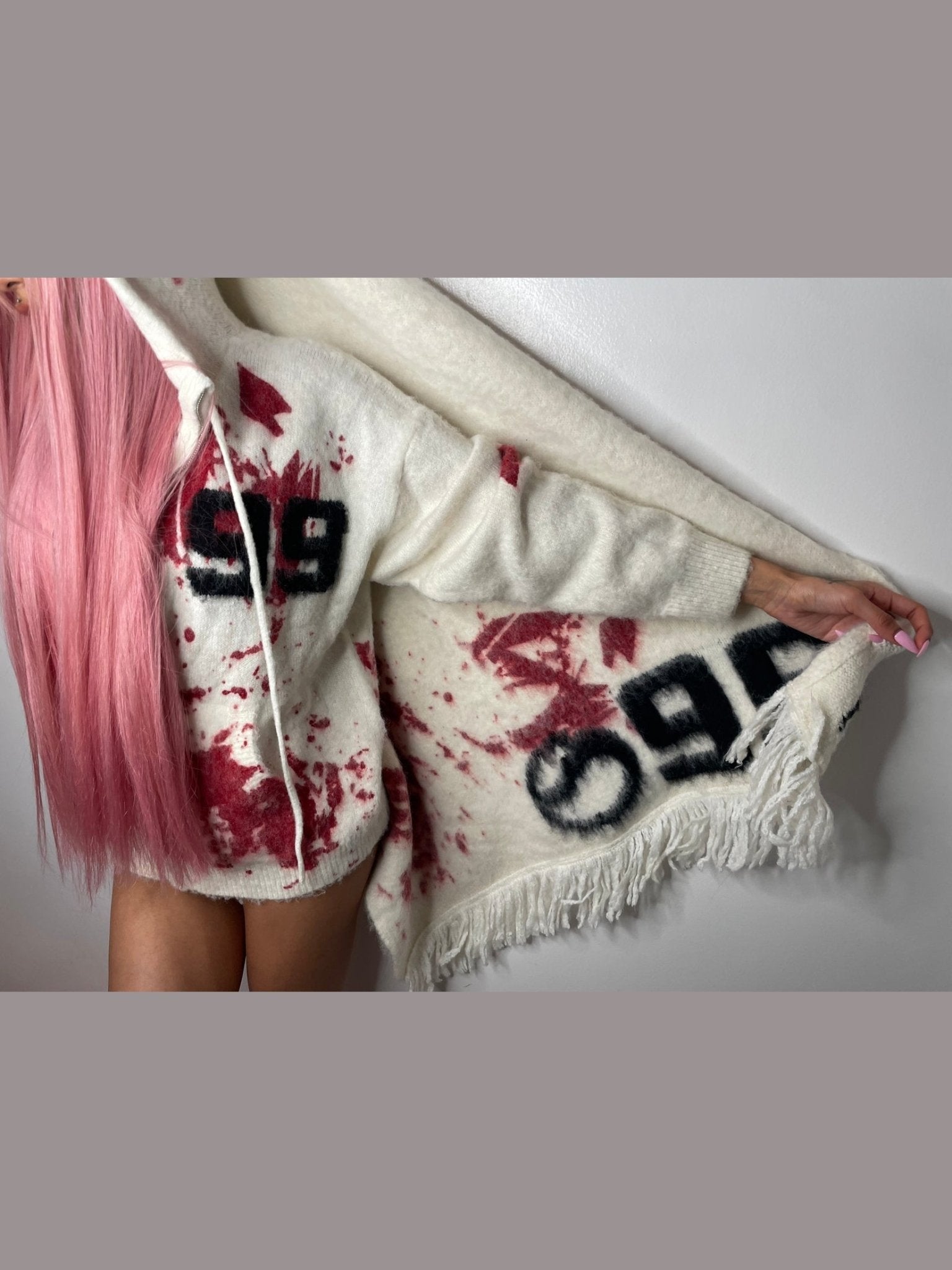 Brainwashed Splinter Mohair Hoodie White With Blood Red Design - Courbe et Compagnie