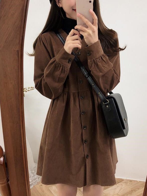 Buttoned Long Sleeve Plus Size Dress — Black & Brown - Courbe et Compagnie