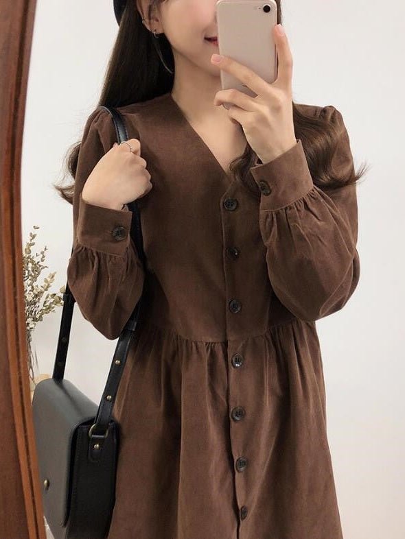 Buttoned Long Sleeve Plus Size Dress — Black & Brown - Courbe et Compagnie