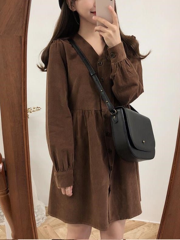 Buttoned Long Sleeve Plus Size Dress — Black & Brown - Courbe et Compagnie