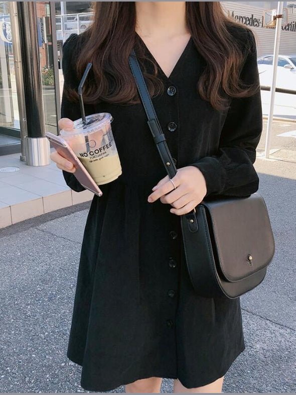 Buttoned Long Sleeve Plus Size Dress — Black & Brown - Courbe et Compagnie