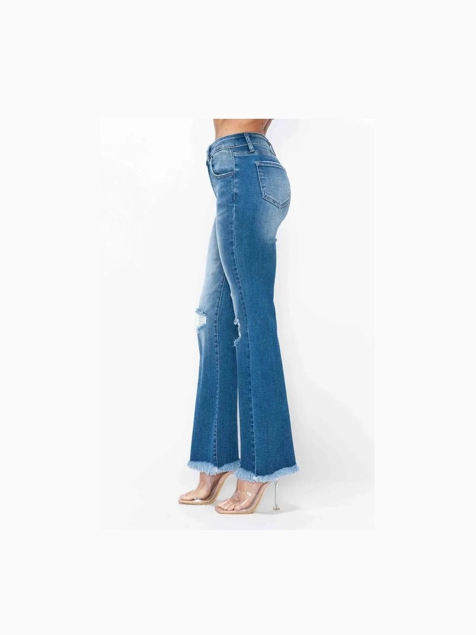 bytos Full Size Raw Hem Distressed High Rise Bootcut Jeans - Courbe et Compagnie