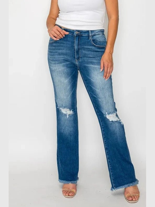 bytos Full Size Raw Hem Distressed High Rise Bootcut Jeans - Courbe et Compagnie