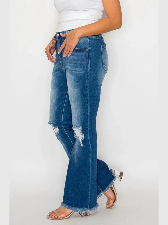 bytos Full Size Raw Hem Distressed High Rise Bootcut Jeans - Courbe et Compagnie