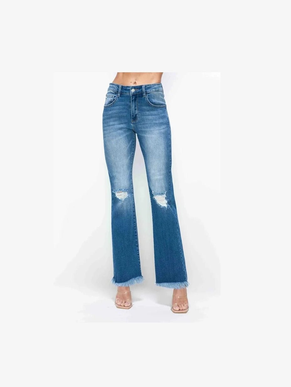 bytos Full Size Raw Hem Distressed High Rise Bootcut Jeans - Courbe et Compagnie