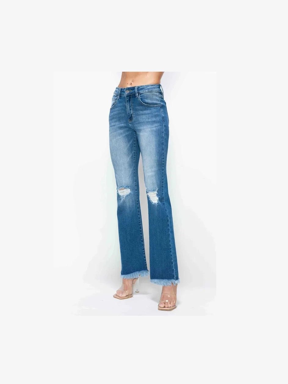 bytos Full Size Raw Hem Distressed High Rise Bootcut Jeans - Courbe et Compagnie