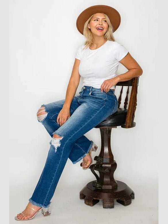 bytos Full Size Raw Hem Distressed High Rise Bootcut Jeans - Courbe et Compagnie