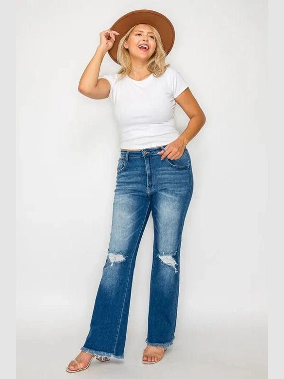 bytos Full Size Raw Hem Distressed High Rise Bootcut Jeans - Courbe et Compagnie