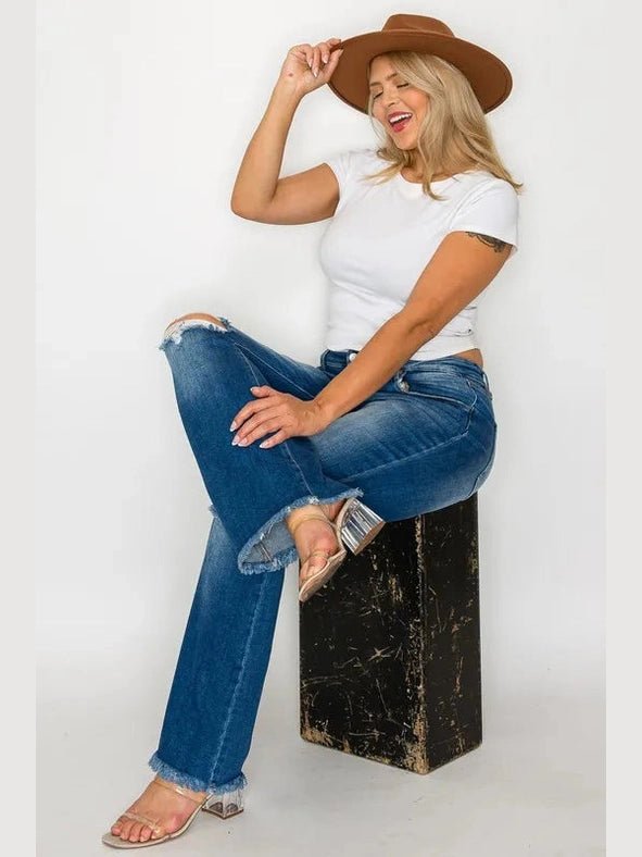bytos Full Size Raw Hem Distressed High Rise Bootcut Jeans - Courbe et Compagnie