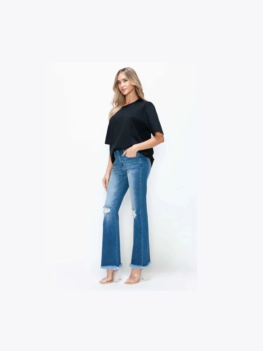 bytos Full Size Raw Hem Distressed High Rise Bootcut Jeans - Courbe et Compagnie