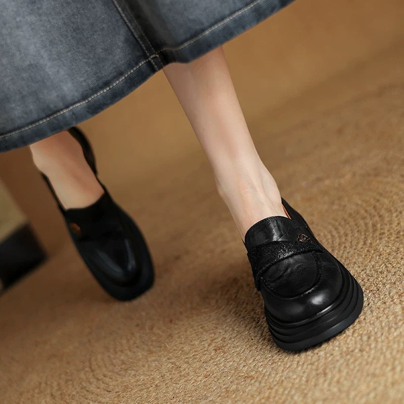 Vintage Chunky-Heeled Leather Shoes for Women - Round Toe Slip-On Dress Shoes