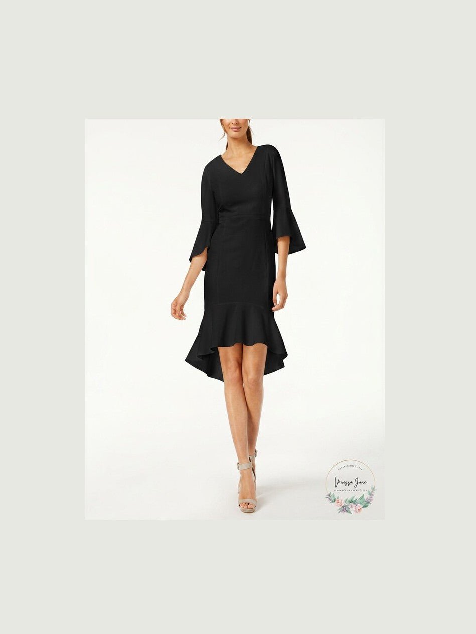 CALVIN KLEIN Womens Black Bell Cuff 3/4 Sleeve V Neck Dress Size: 4 - Courbe et Compagnie