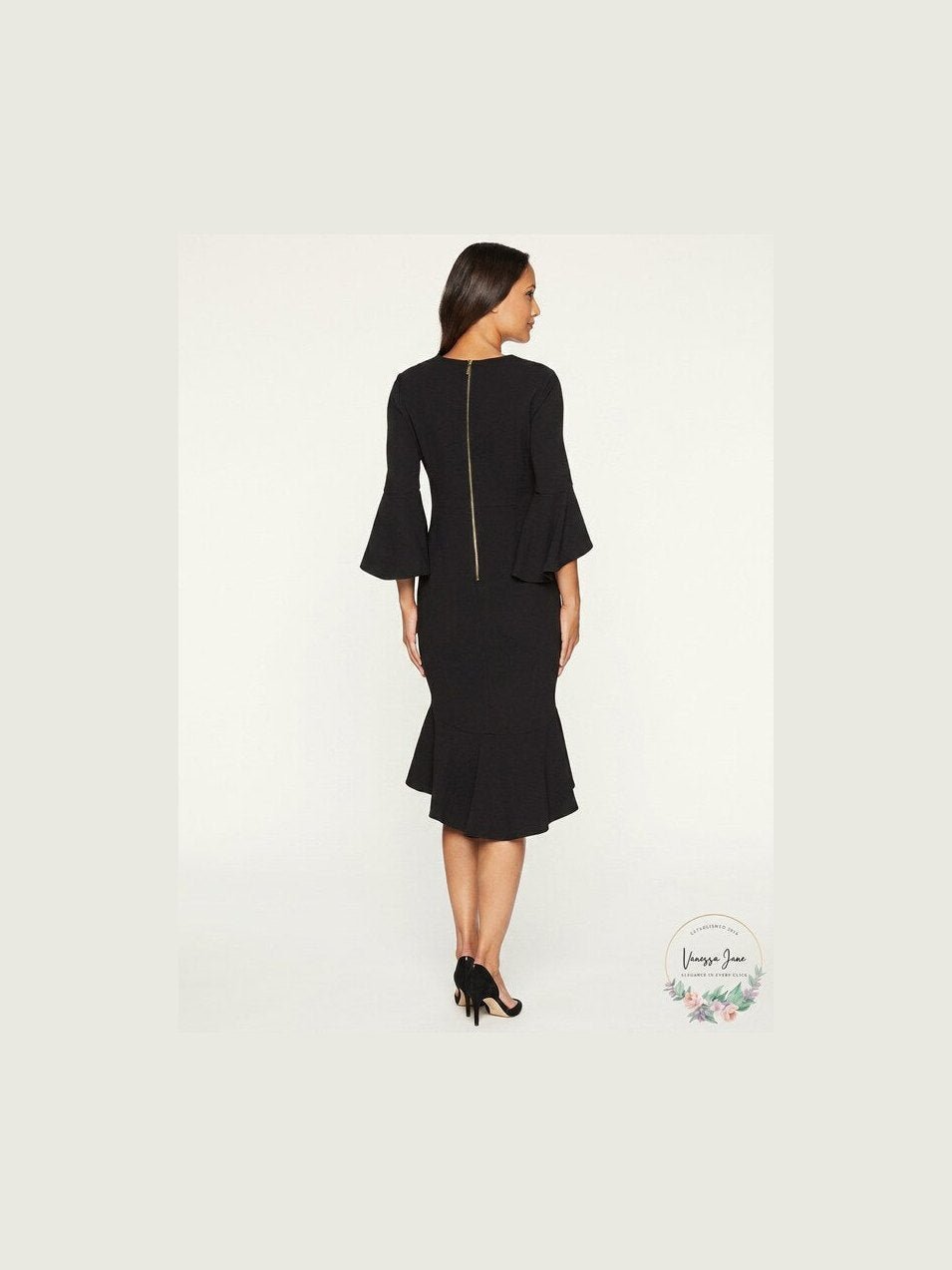 CALVIN KLEIN Womens Black Bell Cuff 3/4 Sleeve V Neck Dress Size: 4 - Courbe et Compagnie