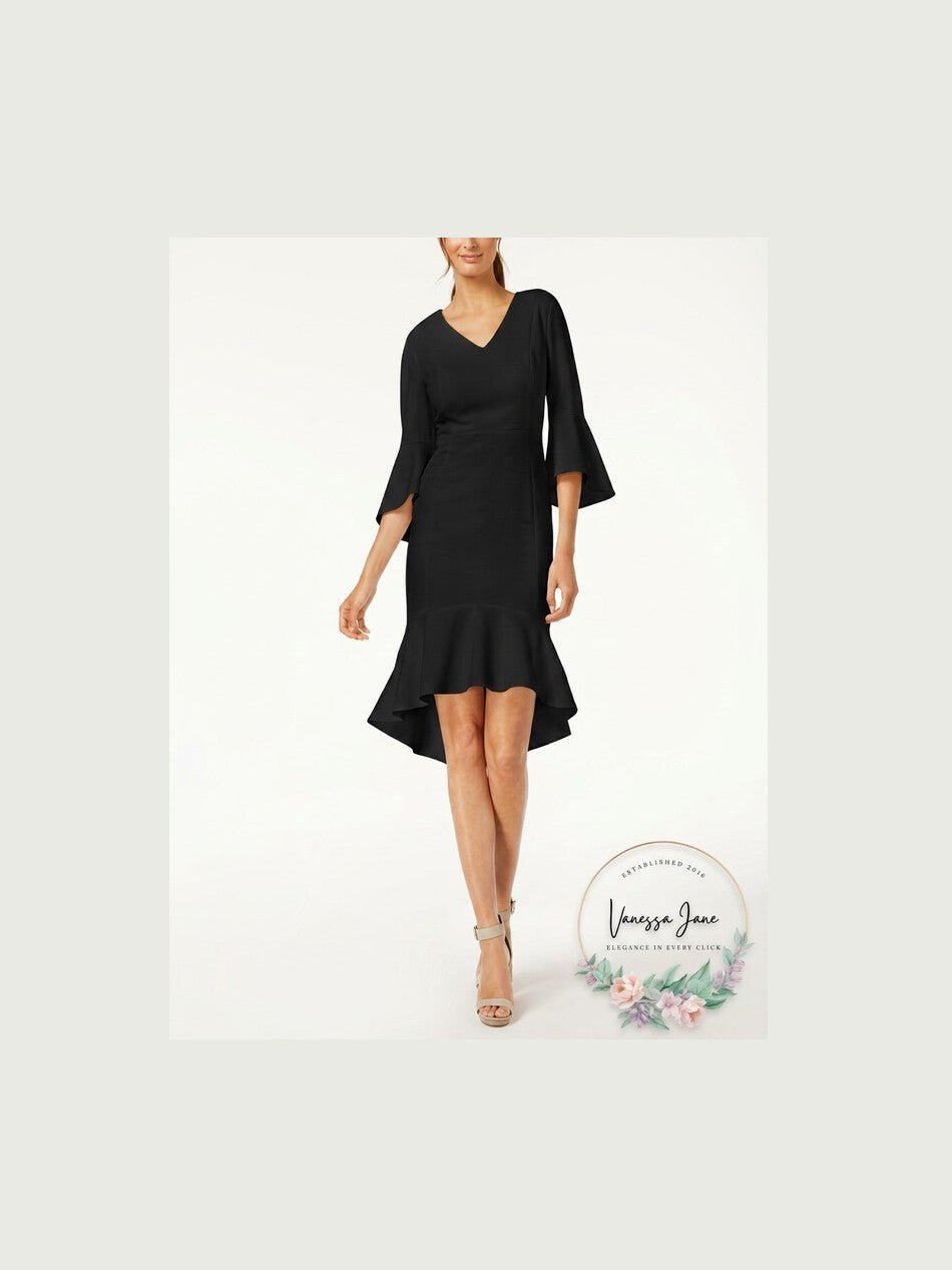 CALVIN KLEIN Womens Black Bell Cuff 3/4 Sleeve V Neck Dress Size: 4 - Courbe et Compagnie