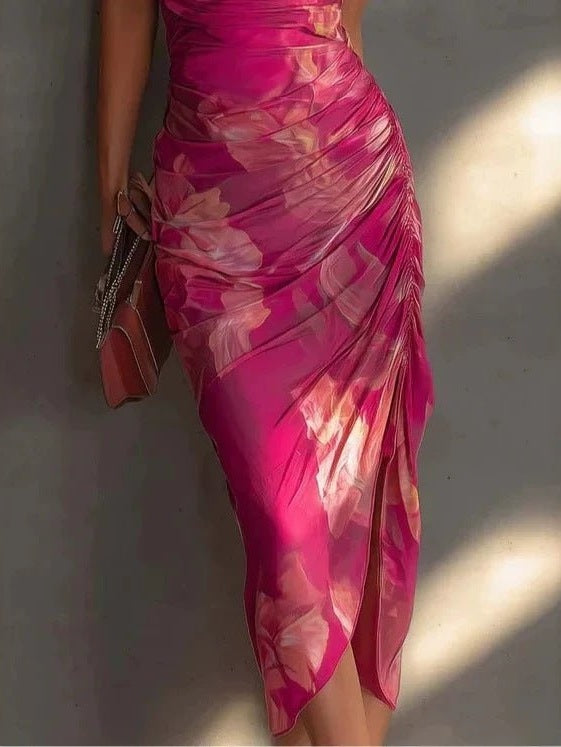 Carmine Red Backless Halter Maxi Dress – Printed High-Slit Slim-Fit Long Dress for Women - Courbe et Compagnie