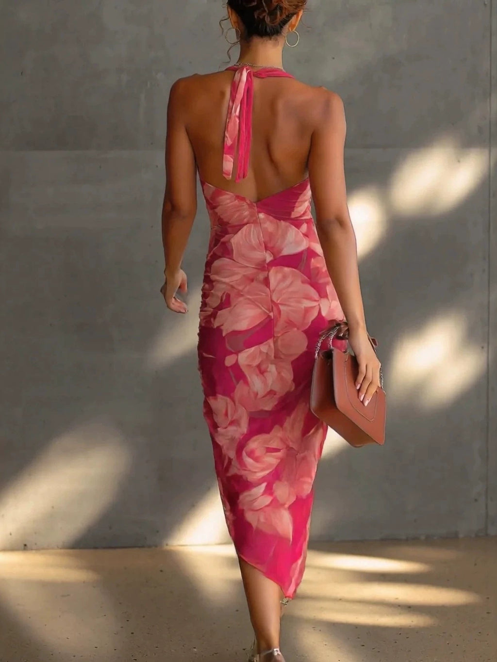 Carmine Red Backless Halter Maxi Dress – Printed High-Slit Slim-Fit Long Dress for Women - Courbe et Compagnie