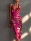 Carmine Red Backless Halter Maxi Dress – Printed High-Slit Slim-Fit Long Dress for Women - Courbe et Compagnie