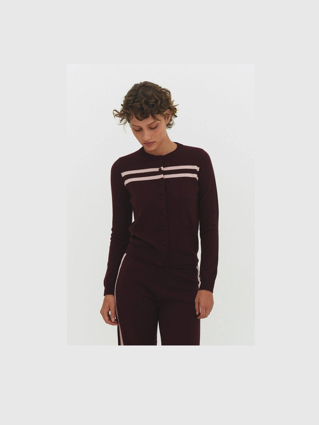 CASHMERE WOOL STRIPE CARDIGAN IN RASPBERRY CREAM - Courbe et Compagnie