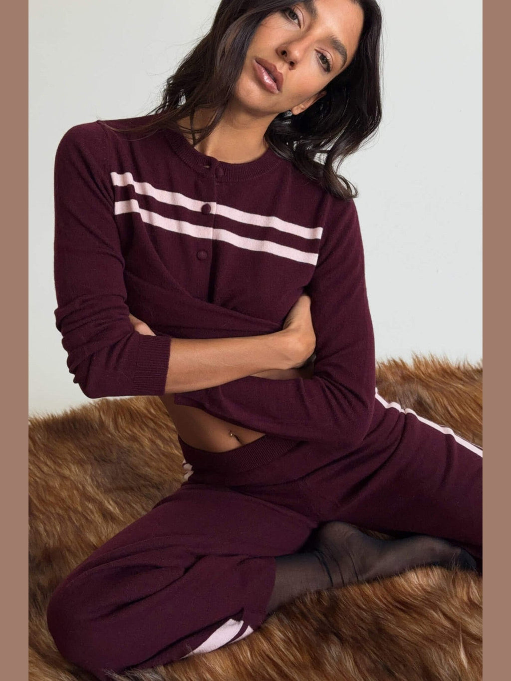 CASHMERE WOOL STRIPE CARDIGAN IN RASPBERRY CREAM - Courbe et Compagnie