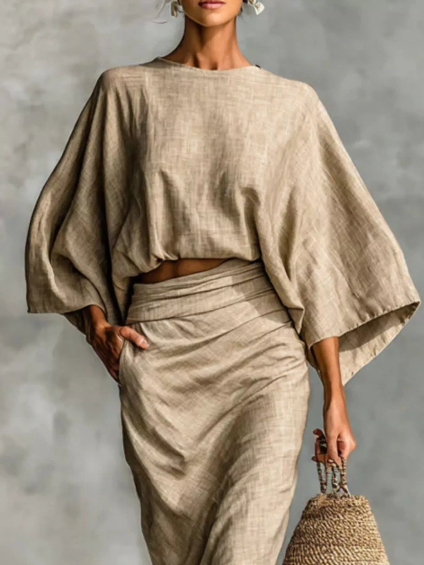 Full Size Kimono Sleeve Top and Ruched Skirt Set Plus Size See size chart under “more details”