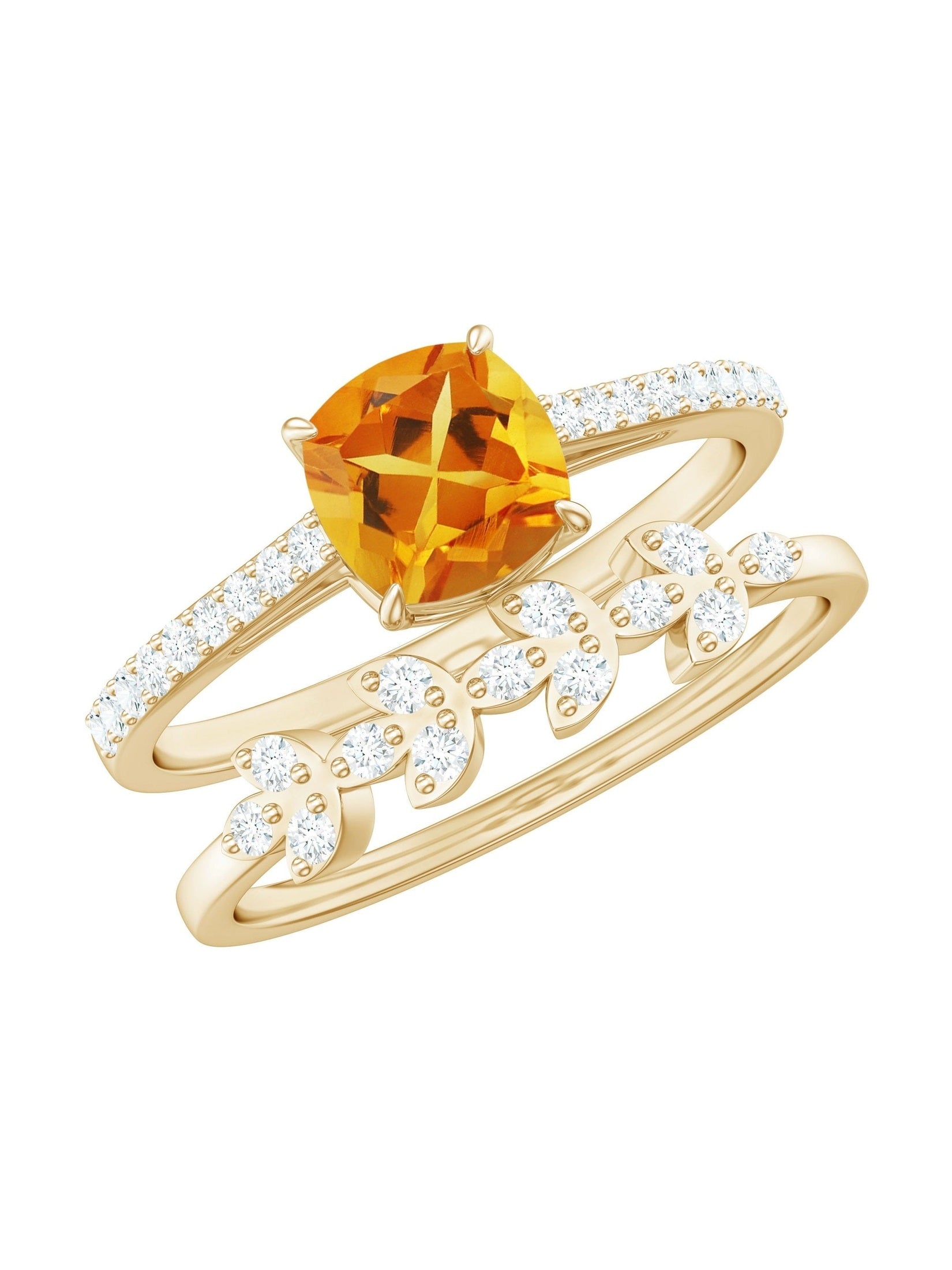 Certified 2.2 Carat Citrine and Diamond Wedding Bridal Ring Set of 2 - Courbe et Compagnie