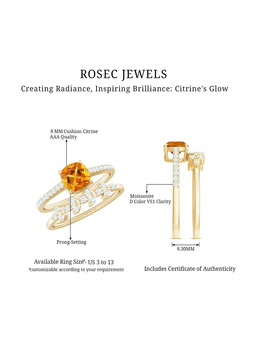 Certified 2.2 Carat Citrine and Diamond Wedding Bridal Ring Set of 2 - Courbe et Compagnie