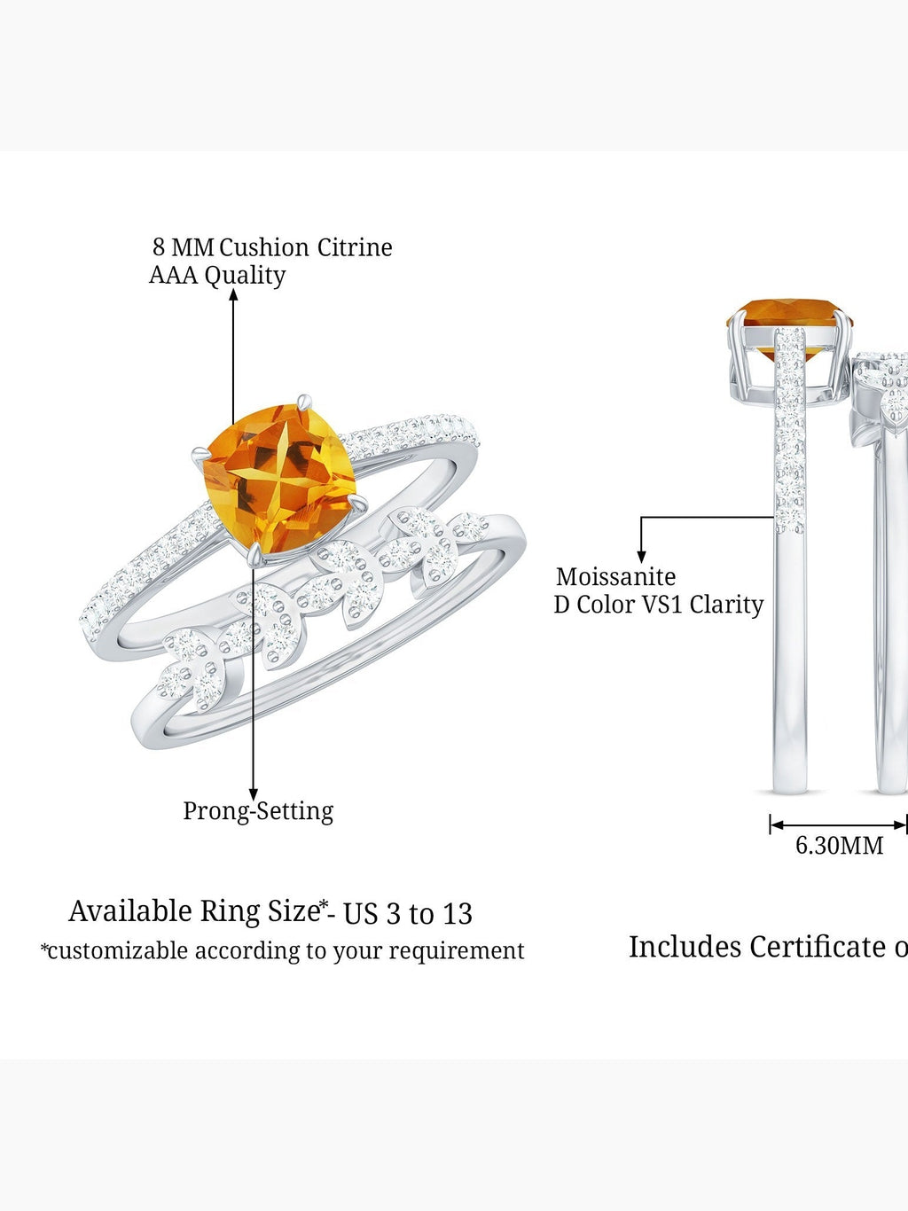 Certified 2.2 Carat Citrine and Diamond Wedding Bridal Ring Set of 2 - Courbe et Compagnie