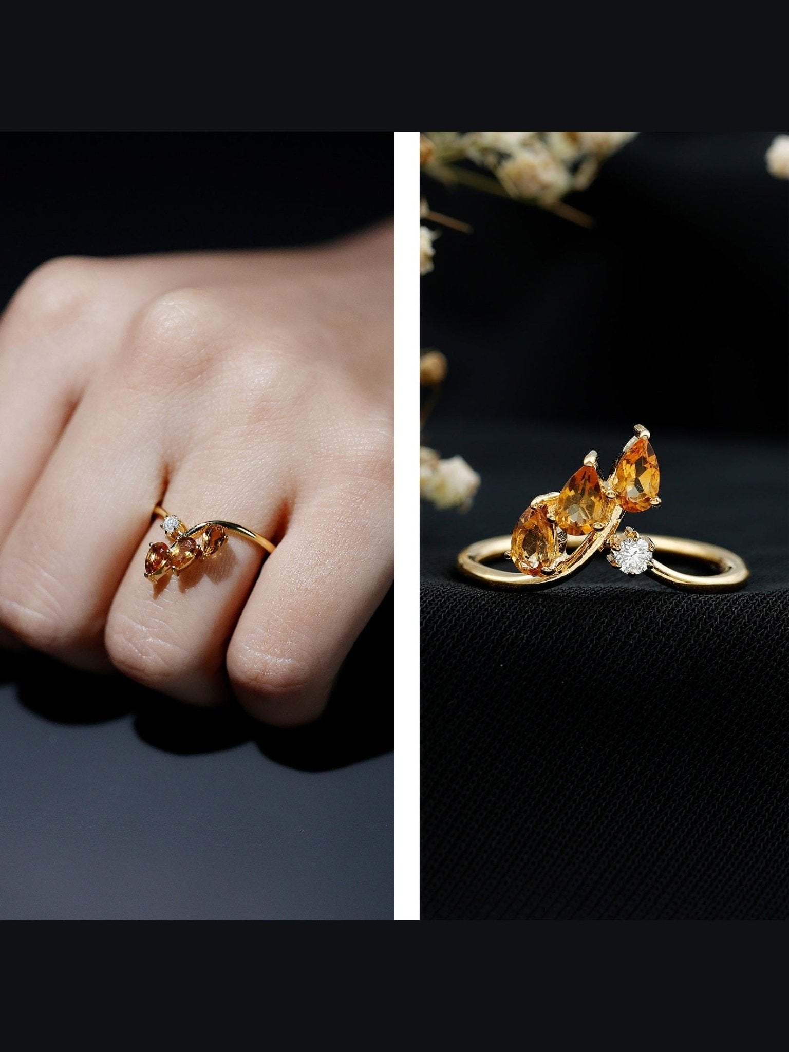 Certified Pear Shaped Citrine Ring Guard with Lab Diamond - Courbe et Compagnie